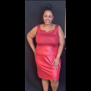 Plus Size Red Faux Leather MIDI Dress - Stylish & Chic